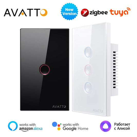 AVATTO Tuya Zigbee Touch Smart Switch 1/2/3/4 Gang Grooved Button Light Switch Wireless Remote Works With Alexa,Google Home
