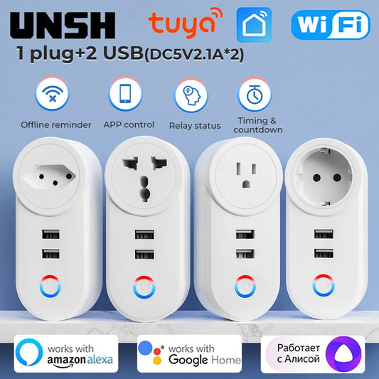 16A Tuya Wifi Smart Socket With 2 USB Charging Outlet Adapter IL EU US UK Brazil Plug Smart Life Control via Alexa Google Home